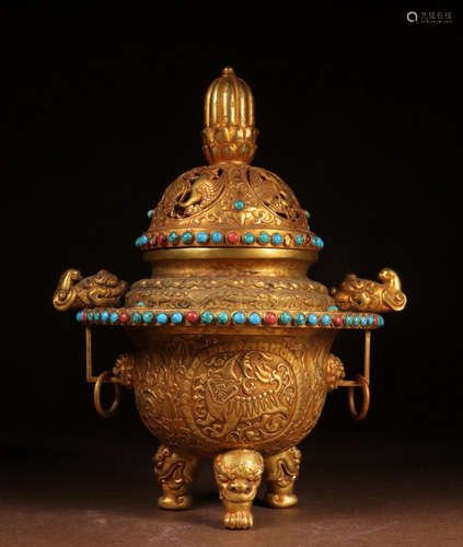 GILT BRONZE CAST BEAST PATTERN CENSER