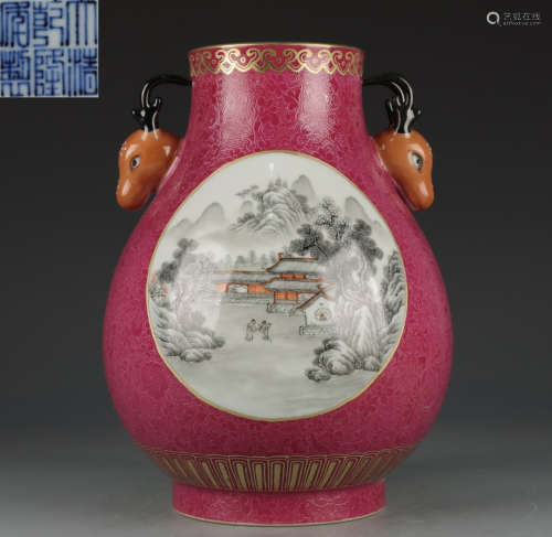 QIANLONG MARK RED GLAZE LANDSCAPE PATTERN VASE