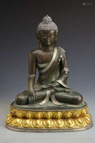 COPPER WITH SILVER CAST SAKYAMUNI BUDDHA STATUE