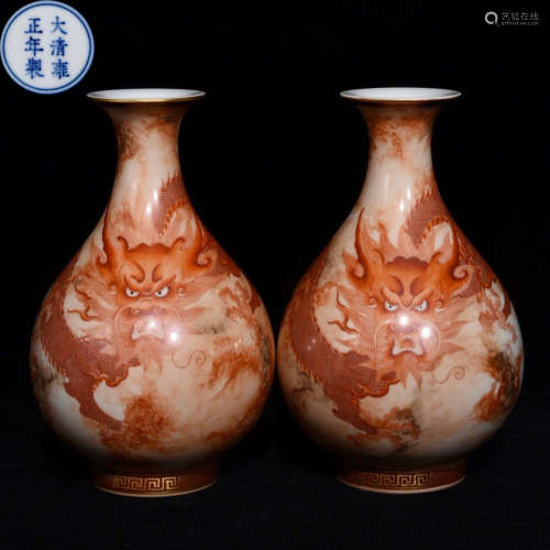 PAIR OF QIANLONG MARK ALUM RED GLAZE VASES