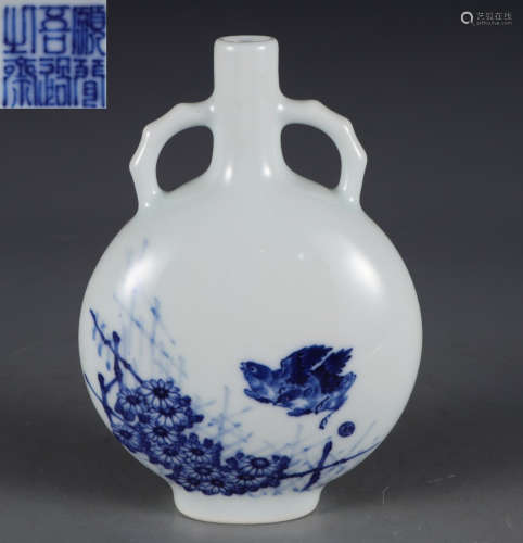 BLUE&WHITE GLAZE VASE WITH BIRD PATTERN