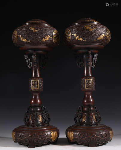 PAIR OF GILT BRONZE CAST AUSPICIOUS CENSERS