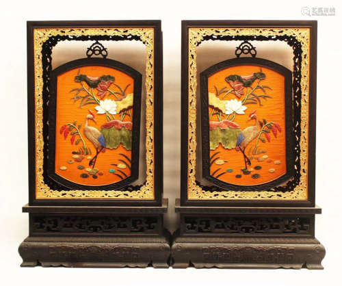 PAIR OF ZITAN WOOD WITH GEM DECORATED SCREENS