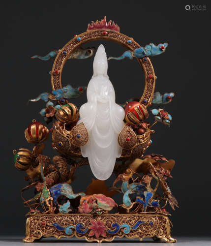 SILVER WITH WHITE JADE GUANYIN STATUE