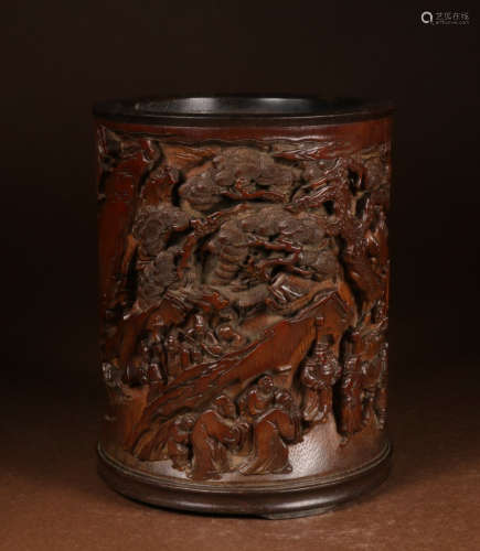 BAMBOO CARVED FIGURE PATTERN BRUSH POT