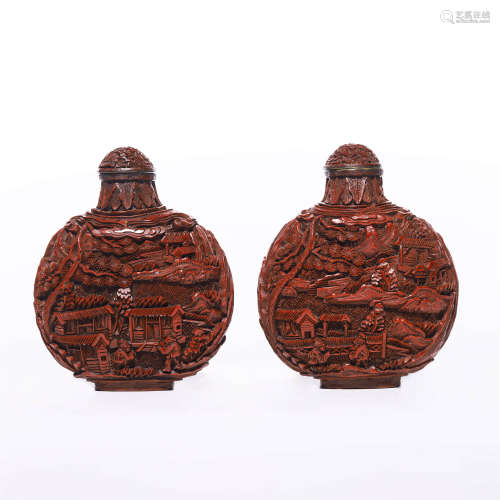 Pair of Cinnabar Lacquer Snuff Bottles