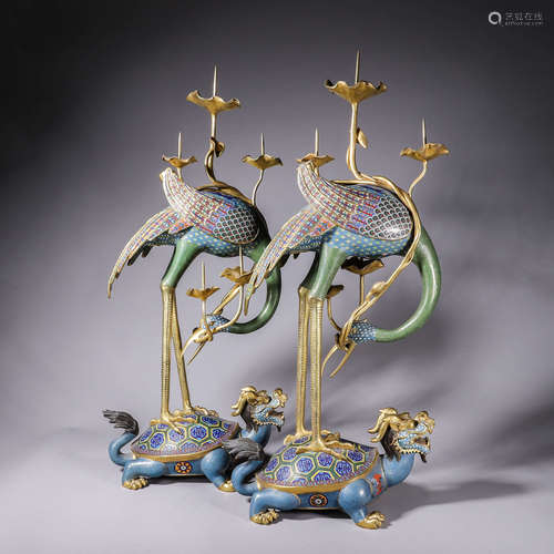 A pair of gilding cloisonne crane candlesticks