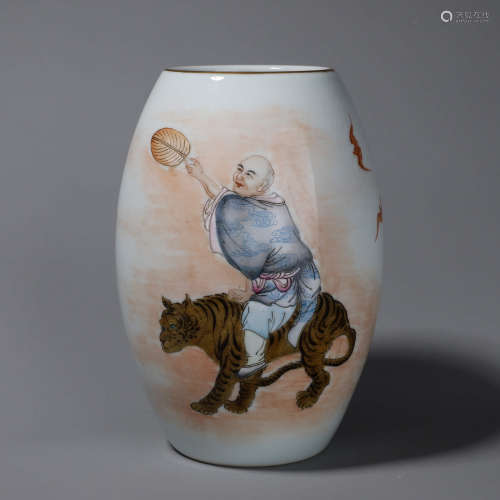 A famille rose arhat and tiger porcelain vase