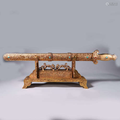 A gilding copper gem-inlaid sword