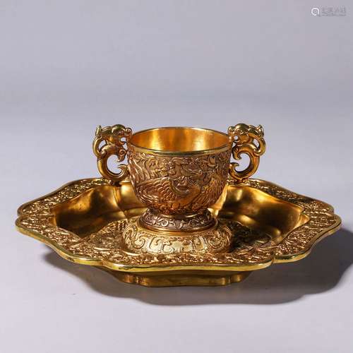 A gilding copper phoenix bird cup saucer