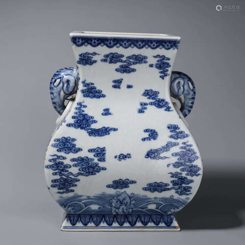 A blue and white seawater and cloud porcelain zun with eleph...