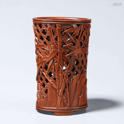 A boxwood carved bamboo brush pot