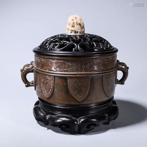 A copper red sandalwood jade-inlaid incense burner