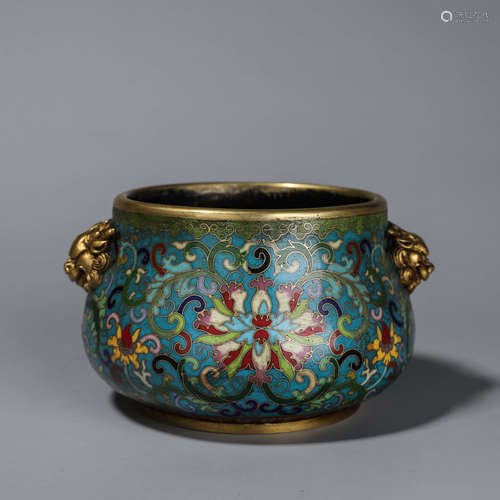 An interlocking flower cloisonne censer with lion head shape...