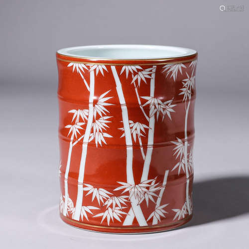 A red glazed white bamboo porcelain brush pot