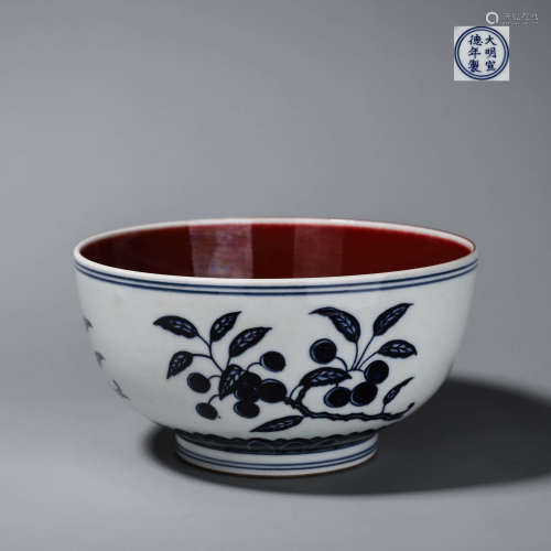 A white glazed underglaze red flower porcelain bowl