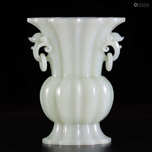 A Hetian jade beaker vase with double lucid ganoderma shaped...