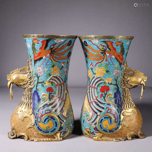 A pair of cloisonne phoenix bird vases