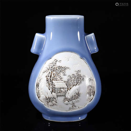 A blue glazed landscape porcelain double-eared vase