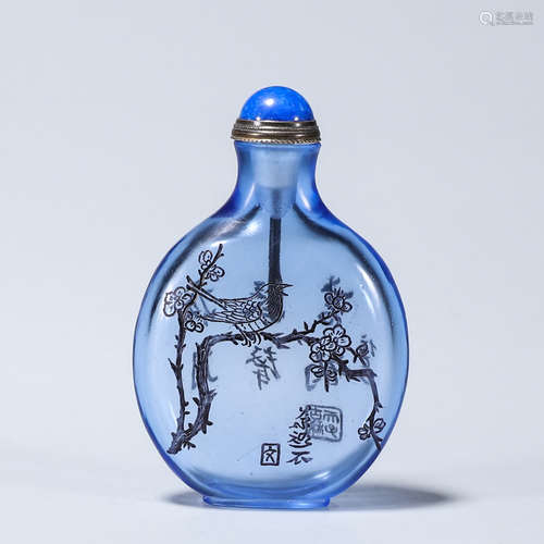 An inscribed magpie and plum blossom glass snuff bottle