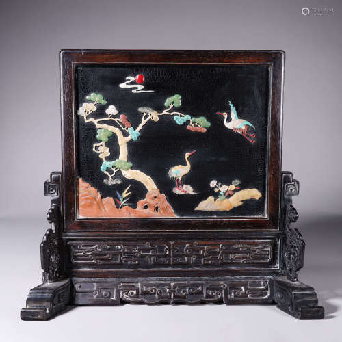 A red sandalwood crane painted screen