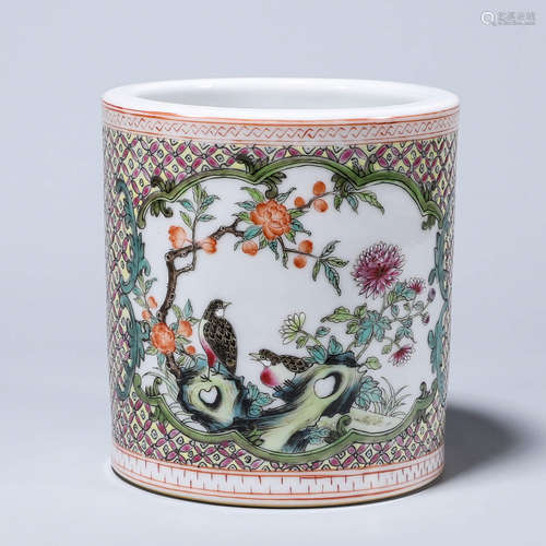 A famille rose bird and flower porcelain brush pot