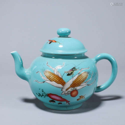 A blue glazed fruit porcelain teapot