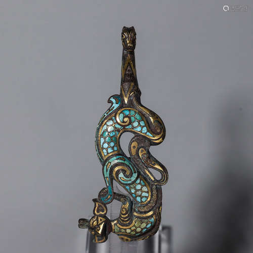 A bronze turquoise-inlaid dragon head hook