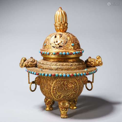 A gilding copper gem-inlaid beast incense burner