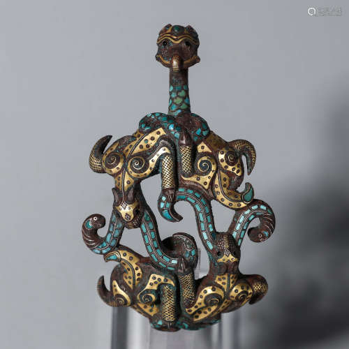 A bronze turquoise-inlaid dragon head hook