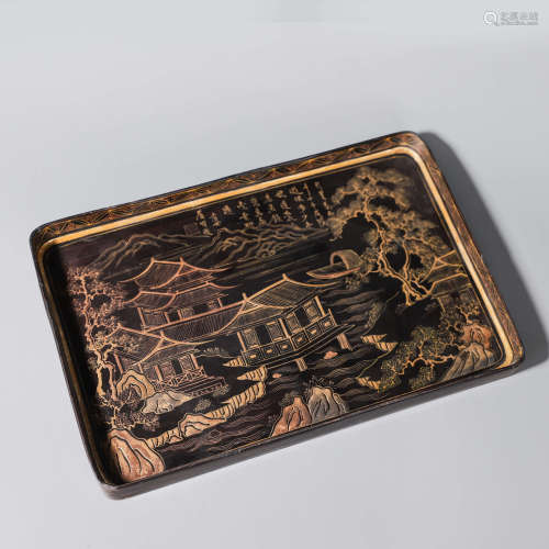 A gilt landscape wood lacquered tray