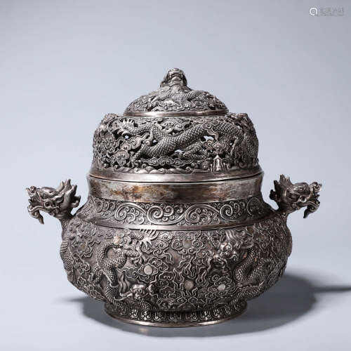 A dragon patterned silver incense burner