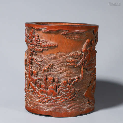 A bamboo carved arhat brush pot