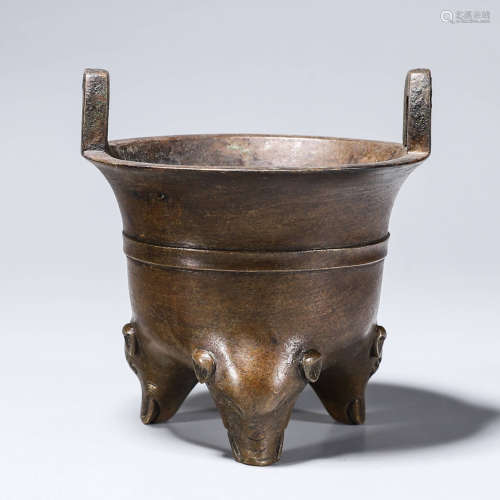 A double-eared copper censer with elephant shaped legs