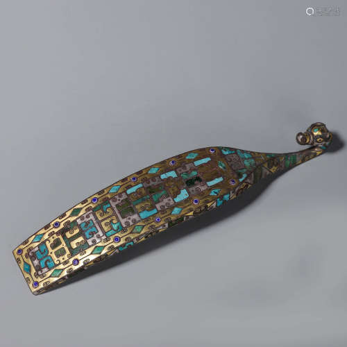 A bronze turquoise-inlaid dragon head hook