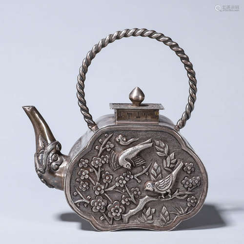 A magpie and plum blossom patterned silver loop-handled pot