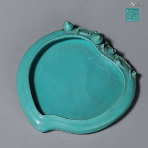 A turquoise glazed porcelain peach-shaped brush washer