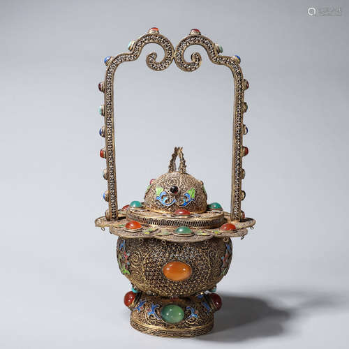 A gilding silver filigree gem-inlaid flower basket