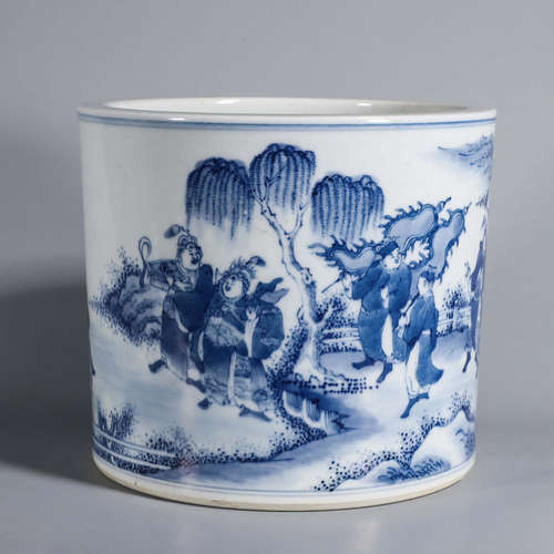 A blue and white figure porcelain brush pot