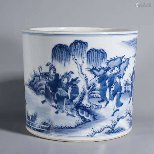 A blue and white figure porcelain brush pot
