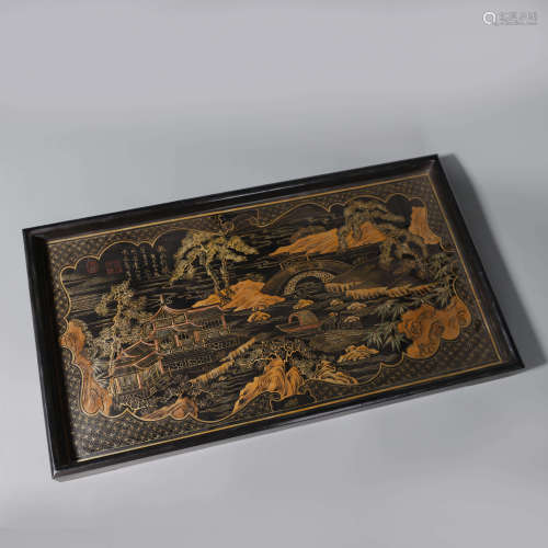 A gilt landscape wood lacquered tray