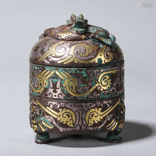 A dragon and phoenix patterned bronze powder box