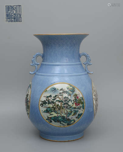 Sky Blue Glaze Vase with Landscapes Pattern