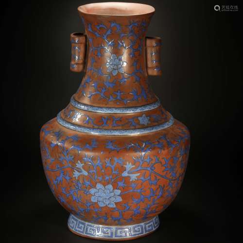 Red-dark Enameled Floral Two Ears Vase from Qing