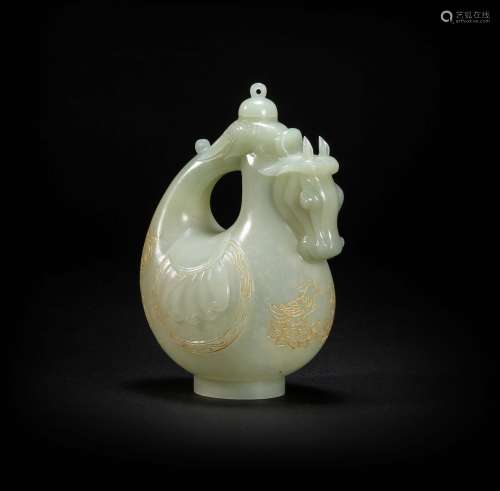 HeTian Jade Vase Tracing Gold with Horse Head from Qing