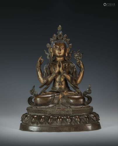 Copper and Golden Four Arms Statue from Qing