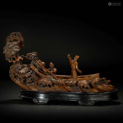 Wood Carved Boat Ornament from Qing