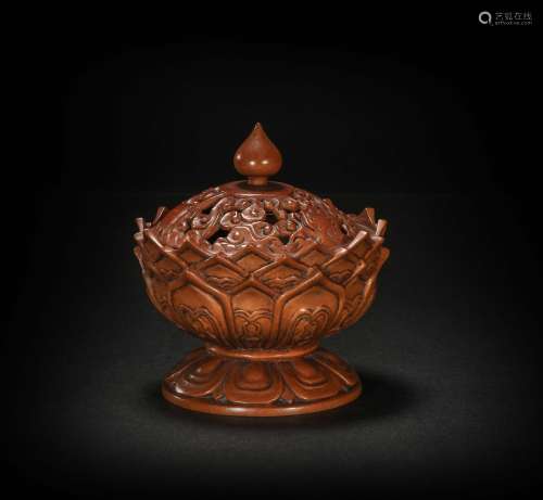 Wood Carved Lotus Censer from Qing
