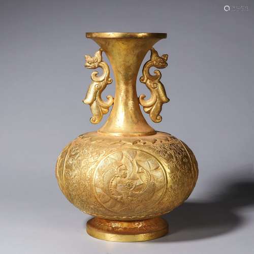 A gilding copper vase with phoenix shaped ears
