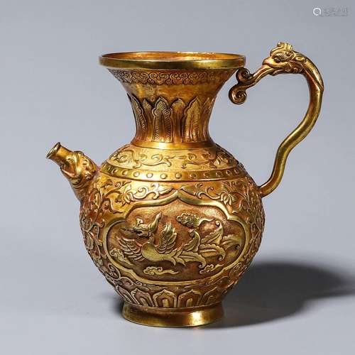 A gilding copper phoenix bird ewer